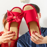 喜慶紅色結婚亞麻拖鞋女夏室內地板防滑透氣婚慶情侶家居一對新娘
