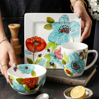 HongDian จานเซรามิก ceramic porcelain plate dish คอลเลคชั่นลายดอกไม้สวยงาม ทรงสี่เหลี่ยมทันสมัย พร้อ