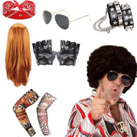 Rocker Costumes Set Metal Disco Costume Men Hippie Wig Men's Rocker Heavy Metal Costume 70s 80s Rocker Wigs Men Costume Set For