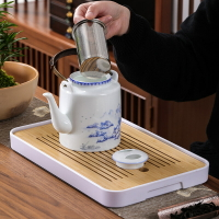 琺瑯彩陶瓷茶壺大容量手提泡茶壺中式青花薄胎茶杯提梁壺茶盤整套
