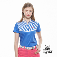 【Lynx Golf】女款吸濕排汗合身版粗細斜條印花短袖立領POLO衫-寶藍色