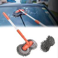 Roof Window Cleaning Maintenance Car Wash Mop Three-Section Telescopic Double Brush Head Rotating Auto Accessories