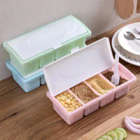 Kitchen 4 Grid Plastic Salt MSG Seasoning Storage Box Condiment Spices Organizer kedai rm2 Condiment