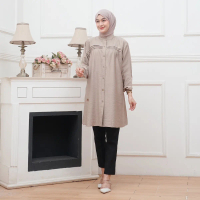 Annisa Long Tunik Polo Linen Premium Fashion Muslim Wanita Simple Katun Polos Atasan Basic Panjang  