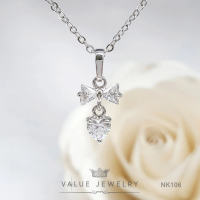 สร้อยคอพร้อมจี้ ประดับCZรูปหัวใจ Heart Shaped ลายโบ Ribbon ขนาดเล็ก เครื่องประดับ สร้อย NK106 ValueJ