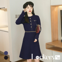 【Lockers 木櫃】春季復古收腰針織連衣裙 L112021305(連衣裙)