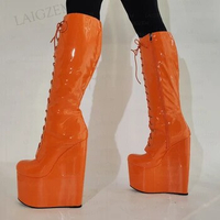 SEIIHEM Women Knee High Boots 20cm Heels Wedges Platform Full Zipper Shiny Handmade Tall Boots Shoes Woman Big Size 38 43 45 48