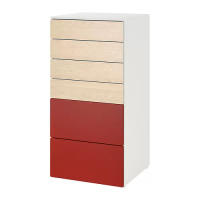 SMÅSTAD/PLATSA 抽屜櫃/6抽, 白色 樺木/紅色, 60x57x123 公分