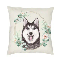 Siberian Husky Dog In Floral Gold Wreath Pillow Case Home Decor Alaskan Malamute Lover Cushion Cover Throw Pillow For Sofa