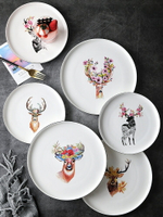 好看的盤子北歐創意ins風森系麋鹿西餐牛排盤子陶瓷菜盤家用餐盤