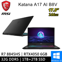 MSI微星 Katana A17 AI B8VE-838TW-SP5 17.3吋 黑(R7-8845HS/32G/1TB+2TB/RTX4050 6G/W11)特仕版
