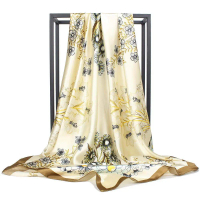 90cm Satin Print Large Square Scarf Elegant Floral All-match Lady Simulation Silk Scarf Turban Hijab