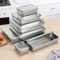不銹鋼方盒304平底長方形盒子帶蓋糕點盤蒸飯盤快餐菜盤熟食盤子