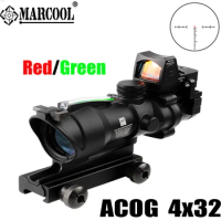 Marcool ACOG 4X32 Rifle Scope for Hunting Optics Sight with Mini Red Dot Tactical Reticle Real Red Green Fiber