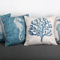 Sea animal sea horse shell blue coral cotton linen digital print cushion cover pillow case blue sea cushion sets