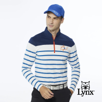 【Lynx Golf】男款合身版內刷毛保暖網眼材質百搭橫條款長袖立領POLO衫/高爾夫球衫(藍色)