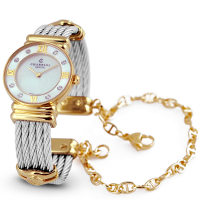 CHARRIOL 夏利豪晶鑽金色羅馬珍珠白鎖鍊錶-24.5mm