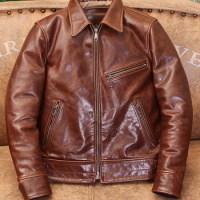 Road Leather Motorcycle Leather Jacket Batik First Layer Cowhide Leather Men's Lapel Short Spring and Autumn Leather Jacket