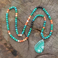 8mm Dyed Azurite,Orange Onyx And Green Onyx Pendant ,Meditation Mala,Chakra Stones Mala,Buddhist Mala Prayer Bead,108 Mala Beads