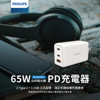 Philips 飛利浦 65W GaN氮化鎵 TypeC USB PD/QC 3孔 快充充電器(DLP6341C)