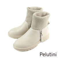 【Pelutini】保暖休閒真皮拼接拉鍊半襪靴 象牙白(337002W-IV)