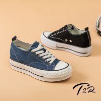 T2R-正韓空運-牛仔布拼接線素面內增高帆布鞋-增高約6.5公分-黑/藍