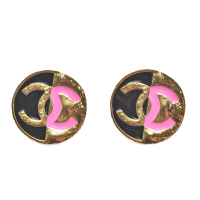 CHANEL 經典琺瑯雙色雙C LOGO圓形造型穿式耳環(金色)