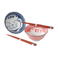 日本製青海波招財貓2碗2筷組(平輸品)