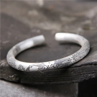 S999 Sterling Silver Retro Thai Silver Bangle Men And Women Vintage Style Lotus Bangle Open Ended