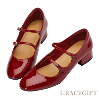 【Grace Gift】雙帶低跟芭蕾舞鞋 紅漆