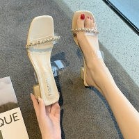 法式復古水晶高跟鞋2021年夏季新款韓版時裝涼鞋露趾粗跟外穿涼拖