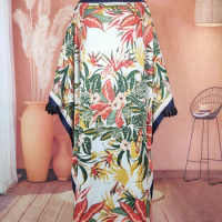 Kuwait Fashion Blogger Recommend Summer Floral Printed Silk Kaftan Maxi Dress Plus Size African Muslim Lady Loose BouBou