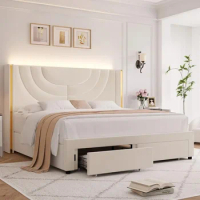 LED Queen Bed Frame with 2 Storage Drawers Solid Wooden, Solid Wooden Slats Support, No Box Spring Needed, Queen Bed Frame
