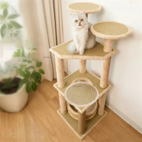 Multi-Layers Cat Tree House Condo Small Apartment Pet Scratching Posts Climbing Tree Toy Cat Tower Platform Wooden Cat Furniture