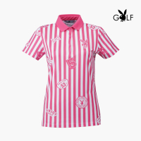 【PLAYBOY GOLF】女款直條紋徽章短袖POLO衫-粉紅(吸濕排汗/抗UV/涼感/高爾夫球衫/KA20108-16)