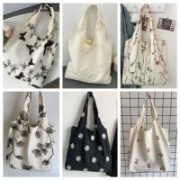 Embroidered Butterfly Lace Fairy Bag New Large Capacity Leaf Embroider Daisy Canvas Bag Leisure Bag
