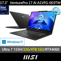 【MSI 微星】特仕版 17.3吋商務筆電(VenturePro 17 AI/A1VFG-003TW/Ultra 7 155H/RTX4060/32G/4TB SSD/W11)