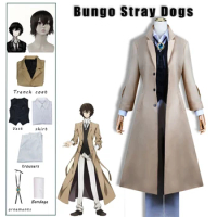 Anime Bungo Stray Dogs Dazai Osamu Cosplay Costume Long Jacket Coat Trench Sticker Bandage Suits Uniform Halloween Clothes