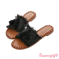 【Grace Gift】薛妞妞聯名-聯名流蘇編織縫線平底涼拖鞋 黑