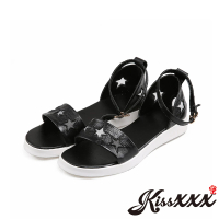 【KissXXX】真皮縷空小星星造型休閒平底涼鞋(黑)