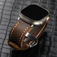 Thickened Head Layer Cowhide For Apple Watch Watchband Genuine Leather Crazy Horse Cowhide s7/s8 45mm 49mm 44mm Brown Thickened