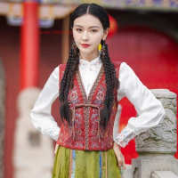 2024 woman vintage hanfu tops chinese traditional v-neck folk vest national flower embroidery vest oriental sleeveless jacket