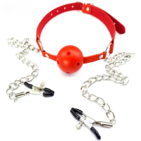 Sexy Women Breathable Ball Gag Open Mouth Gags Nipple Clamps Breast Clips BDSM Bondage Erotic Sex Toys For Couples Adult Games