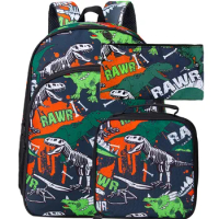 3PCS Dinosaur Backpack Boys, 16" Kids Preschool Elementary Dino Bookbag and Lunch Box