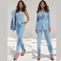 Tesco Autumn 3 PCs Women Pant Sets Blazer Jacket &amp;+Trousers &amp;+Vest Suit Blue Elegant Outfit For Office Lady Female Pantsuit