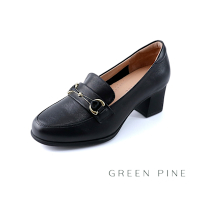 GREEN PINE頂級牛皮馬銜扣樂福粗跟鞋黑色(00312611)