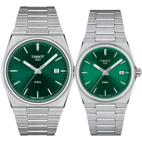 TISSOT 天梭 官方授權 PRX系列 70年代復刻石英對錶 情侶手錶 送禮推薦-綠 T1374101109100+T1372101108100