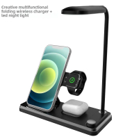 Pengecas Wayarles Lipat Pelbagai Fungsi, Pemegang Telefon Desktop, Lampu LED, Serasi dengan iPhone,