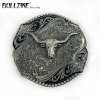 The Bullzine bull head belt buckle with pewter finish FP-03592 suitable for 4cm width snap on belt