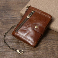 Leather Men Wallet with Anti-Theft Chain,Genuine Leather RFID Bifold Wallets Multifunctional Card Holder Minimalist Purse Zipper